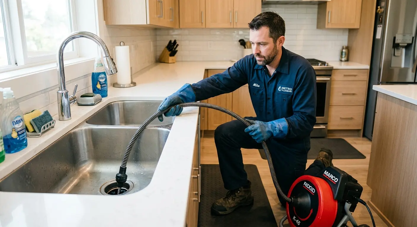 Drain cleaning technician using a motorized snake on a kitchen sink in Tanaina