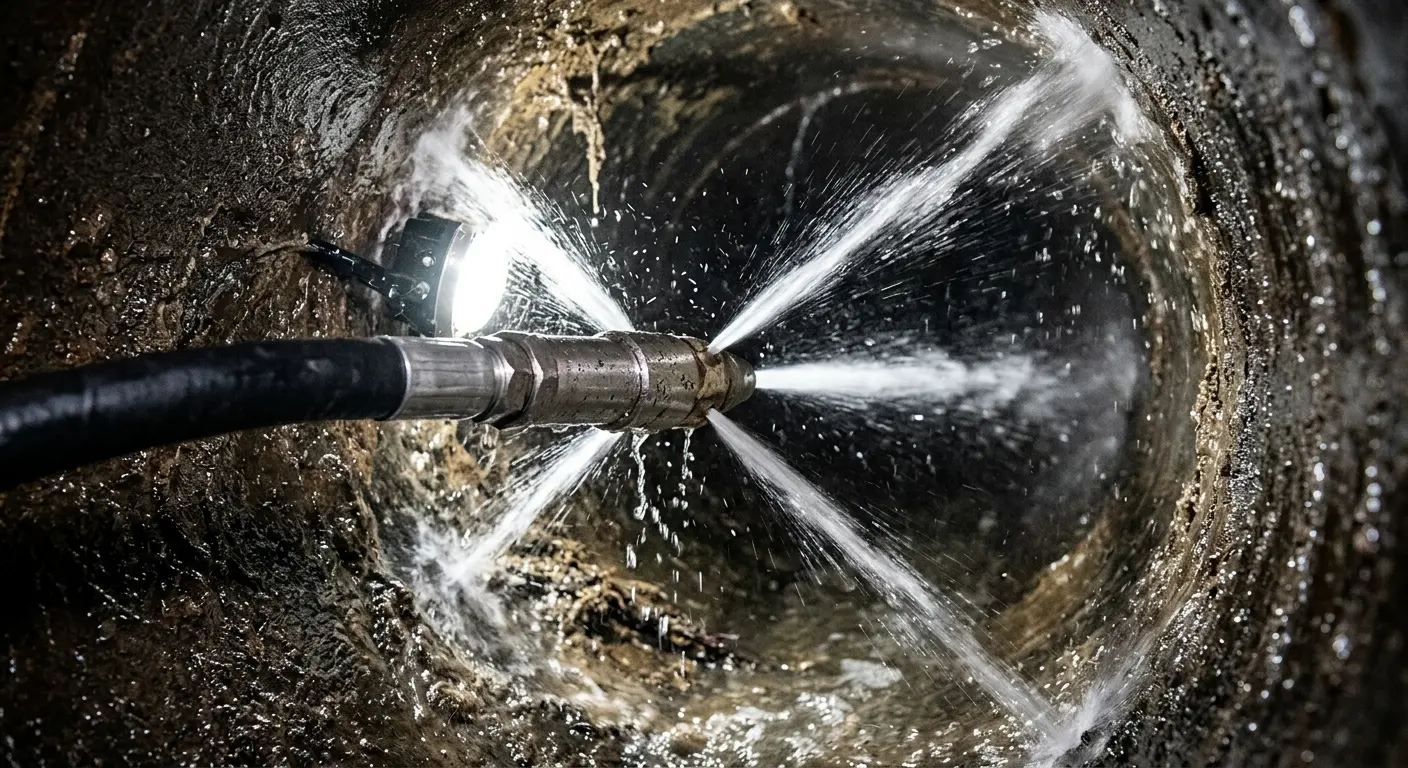 High-pressure hydro jetting nozzle cleaning sewer pipe for Emergency Drain Service in Tanaina