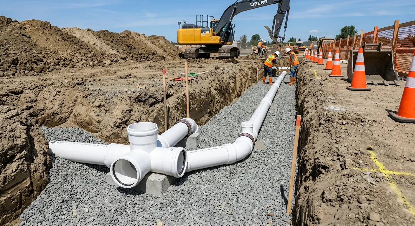 New PVC sewer pipe installation in open trench for Grease Trap Cleaning in Tanaina