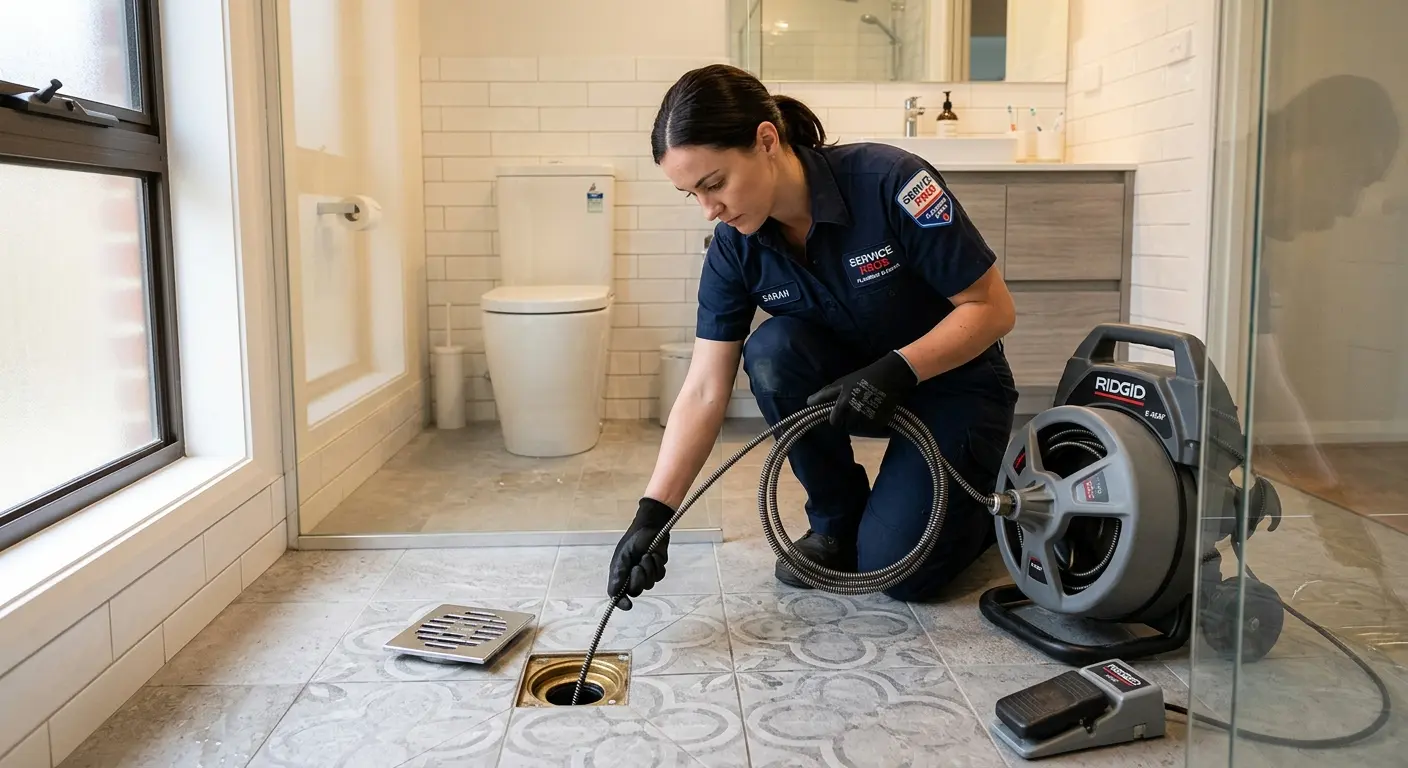 Technician clearing a bathroom floor drain for Drain Repair in Tanaina